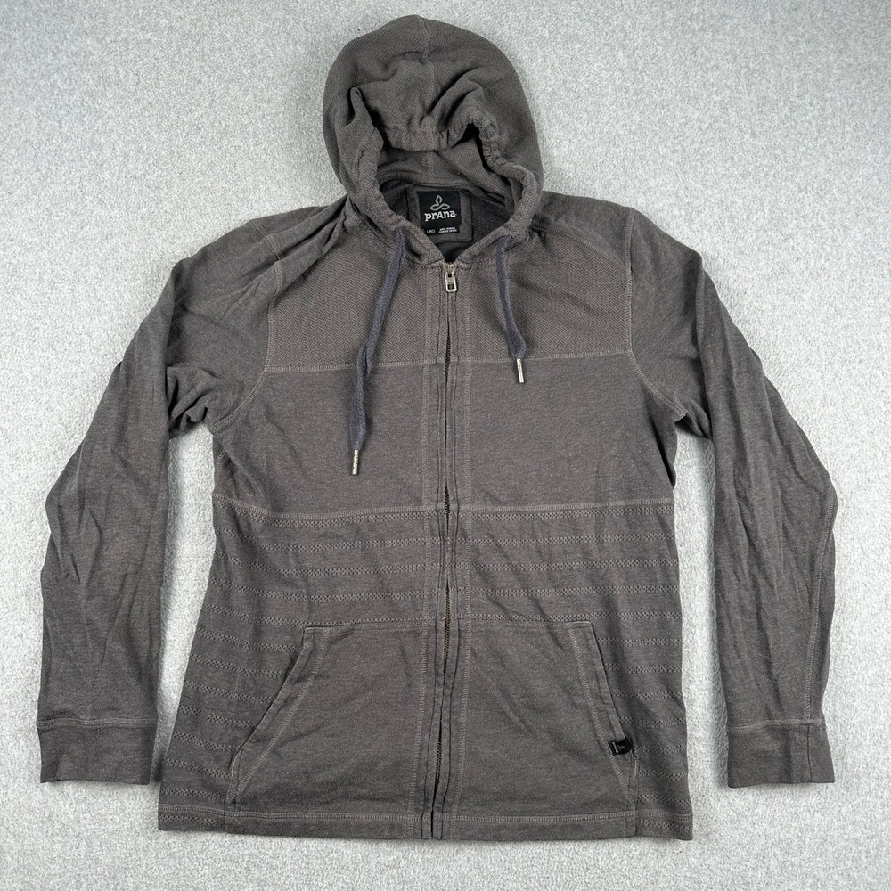 Prana Hoodie Mens Large Gray Full Zip Organic Cotton Blend Textured Knit